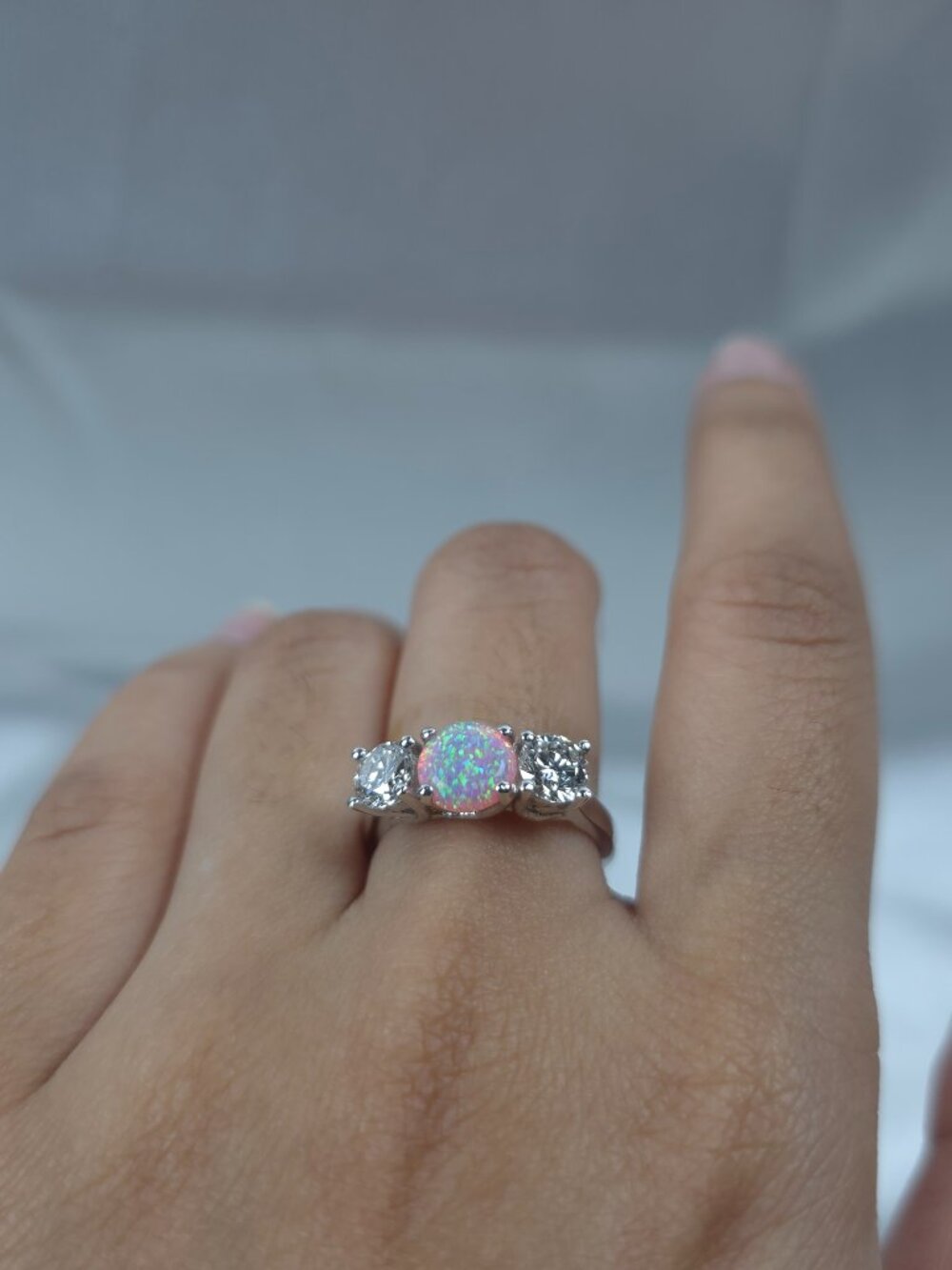 Created Pink Opal & 1Ct Lab Grown Diamond Round ring .925 Sterling Silver